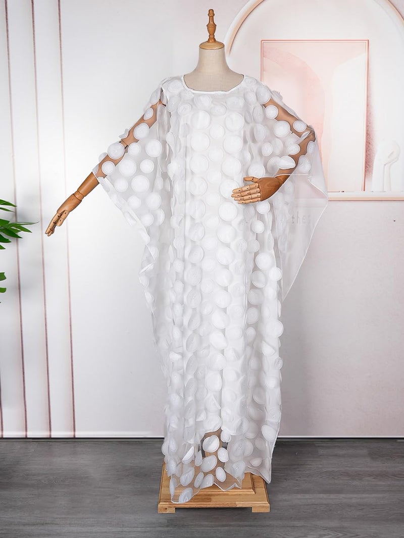 HD African Women Applique Flower Dress Boat Neck White Kaftan Chiffon Gown One Size - Image 3