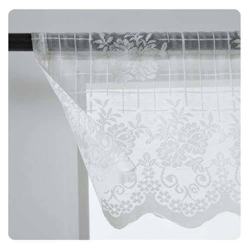 PearAge Valance Half Window Sheer Curtains Rod Pocket, Rose Grid Harmony Curtain for Kitchen Living Room and Bedroom, 50 x 13 Inches - Image 1