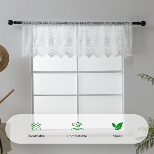 PearAge Valance Half Window Sheer Curtains Rod Pocket, Rose Grid Harmony Curtain for Kitchen Living Room and Bedroom, 50 x 13 Inches - Image 3