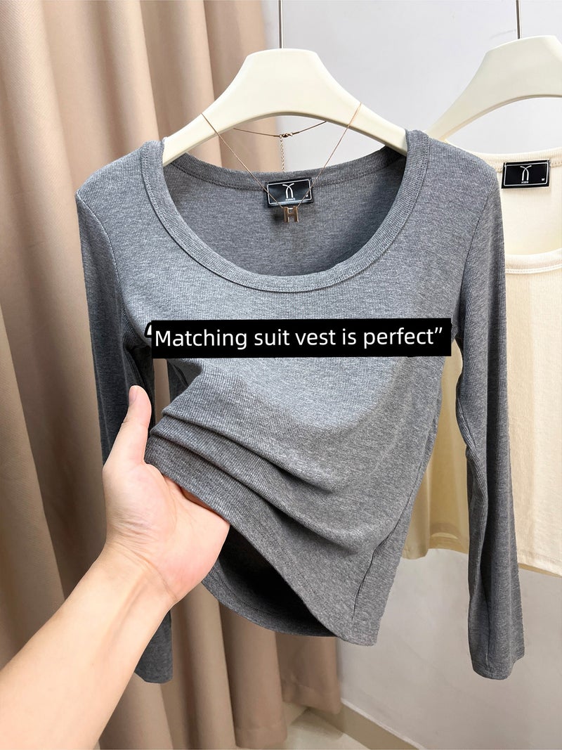 Flower gray long-sleeved large U-neck base shirt, girls' low-neck top, basic versatile solid color thread simple inner wear t-shirt - Image 3