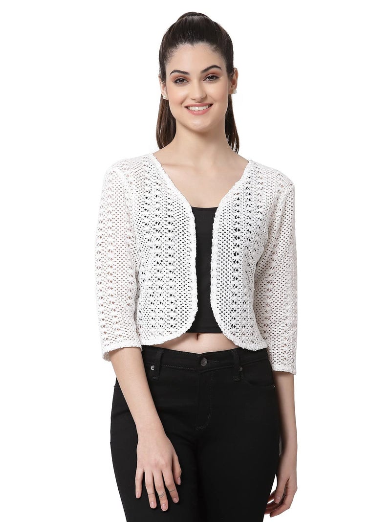 Style Quotient Women White Cotton self Design lace Crop Open Front Shrug - Image 1
