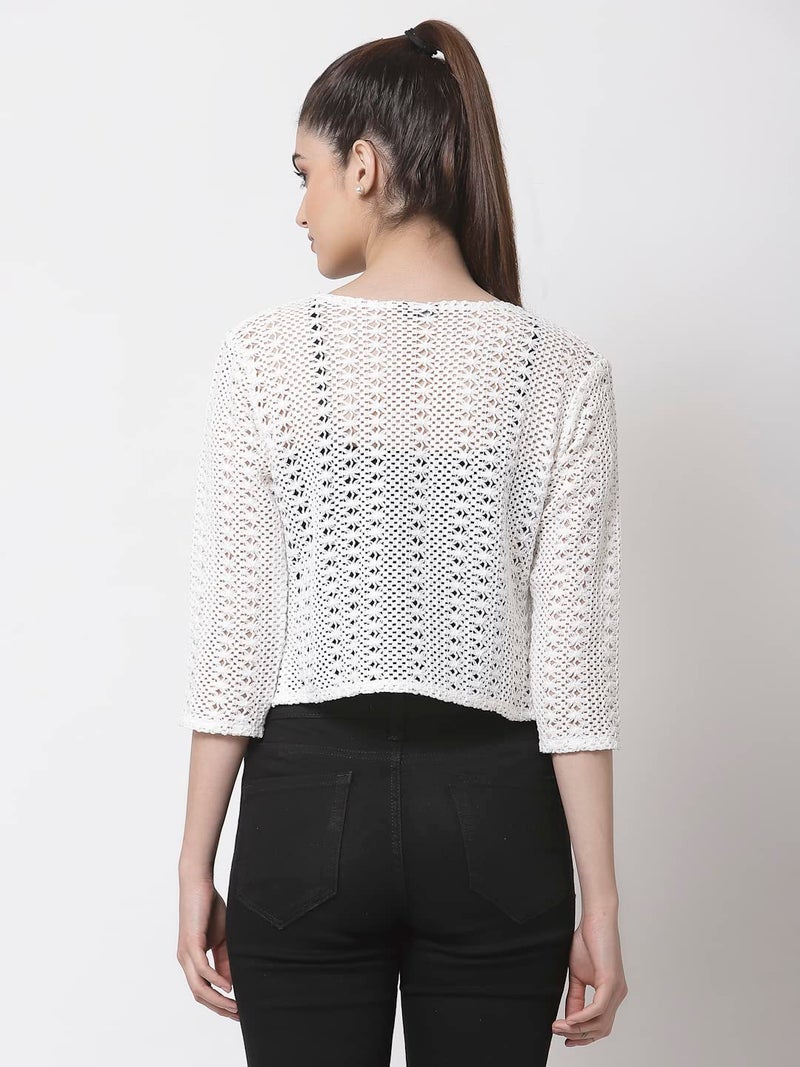 Style Quotient Women White Cotton self Design lace Crop Open Front Shrug - Image 4