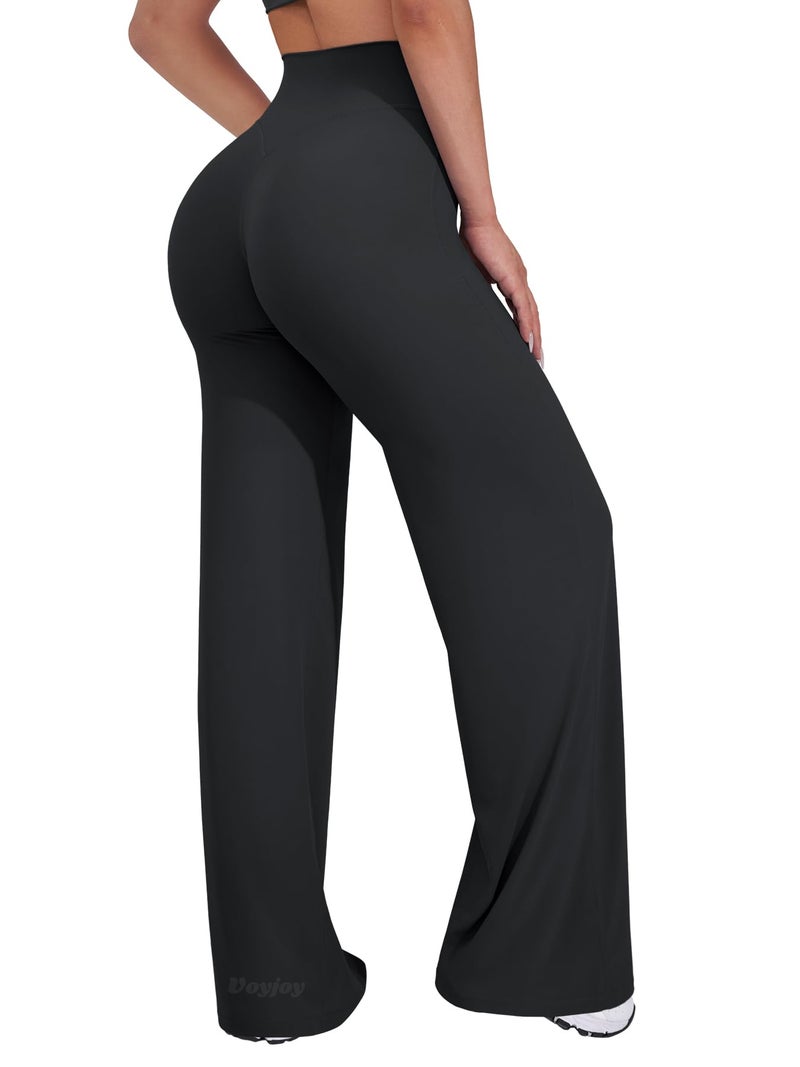 VOYJOY Straight Leggings Bottoms Wide Leg Pants for Women 29"/ 31.5"/33"/35" High Waist Stretch Casual Sweatpants Black - Image 1