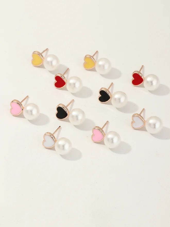 Take Two Take Two Set of 5 - Heart Shape with Faux Pearl Drop Earrings