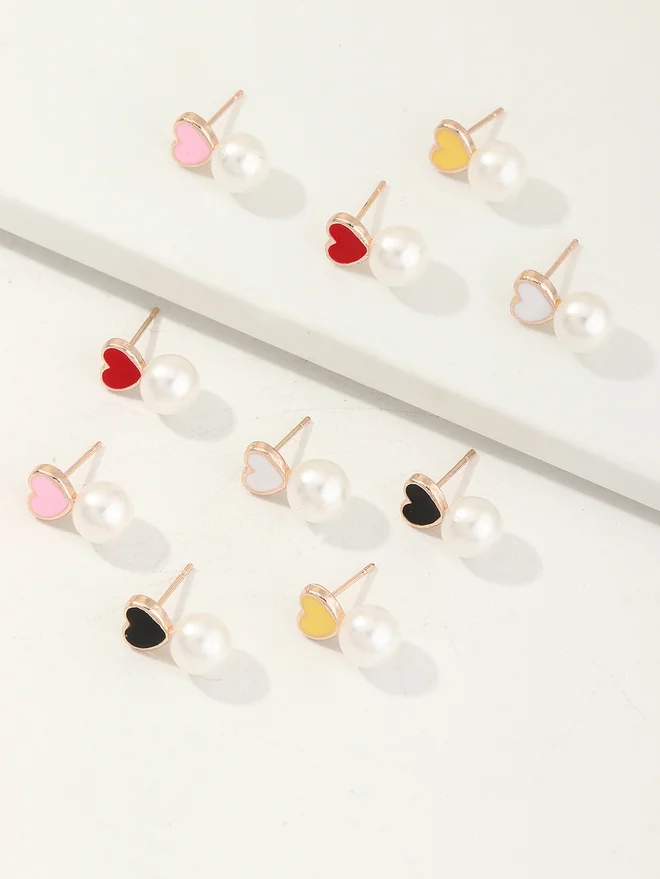 Take Two Take Two Set of 5 - Heart Shape with Faux Pearl Drop Earrings