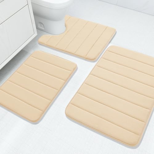 Buganda Memory Foam 3 Pieces Bathroom Rugs Set - Thick Soft Absorbent Non-Slip Bath Mats, Washable Small/Large/Contour Bath Rugs (24" x 16" + 30" x 20" + 24" x 20", Beige) - Image 1