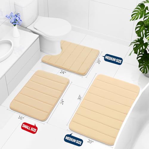 Buganda Memory Foam 3 Pieces Bathroom Rugs Set - Thick Soft Absorbent Non-Slip Bath Mats, Washable Small/Large/Contour Bath Rugs (24" x 16" + 30" x 20" + 24" x 20", Beige) - Image 2