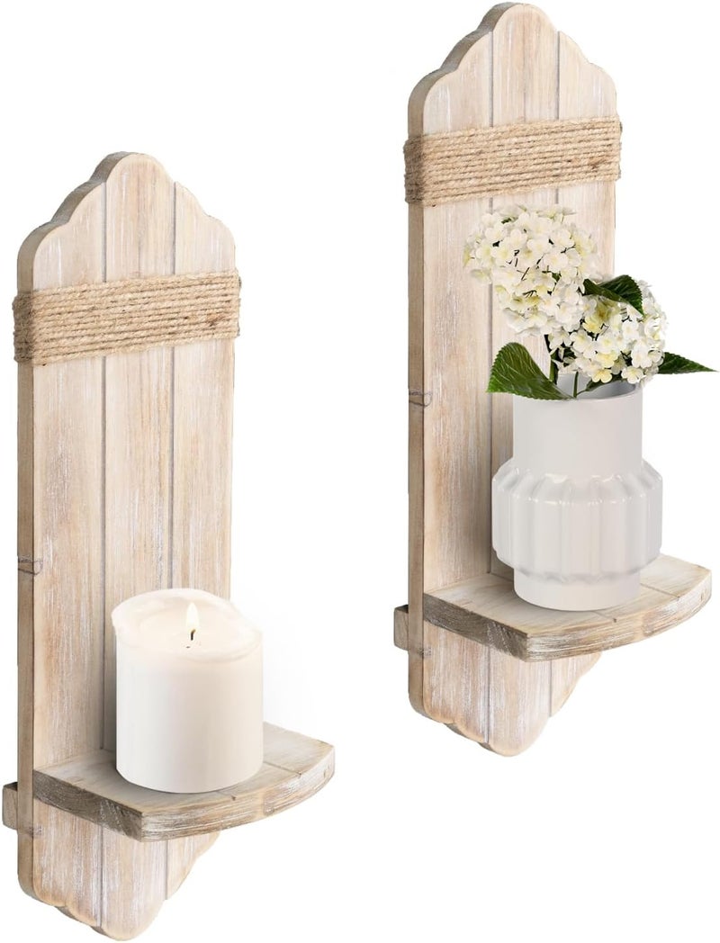 CEDARLUX Rustic Washable White Wood Wall Candle Sconces Set of Two, Farmhouse Wooden Candle Holder Decor for Fireplace, Hallway, Living Room, Bedroom - Image 1