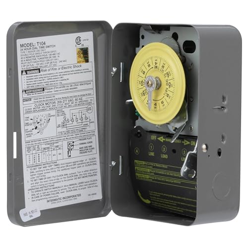 Intermatic مفتاح مؤقت ميكانيكي Intermatic T104 لمدة 24 ساعة - 208–277 فولت تيار متردد، DPST، علبة معدنية داخلية، ثقيلة التحمل، تجاوز يدوي، 40 أمبير - مثالي للإضاءة، المضخات، المراوح، وأنظمة التكييف - Image 2
