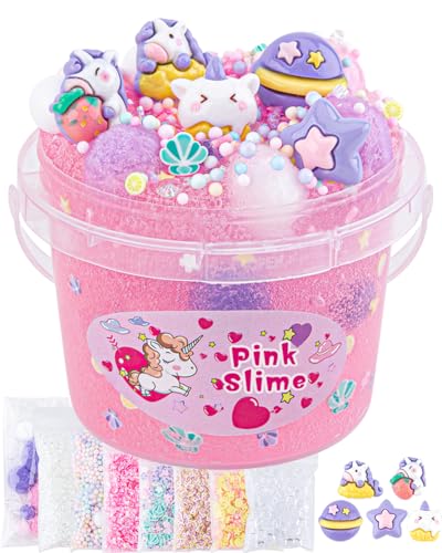 Okaybee 10 FL OZ Unicorn Slime Kit Pink Clear Slime Bucket Slimes Party Favors for Kids Glimmer Crunchy Slimes Includes 9 Packs of Addins Sensory Experience DIY Toys for Girls and Boys Ages 812 - Image 1
