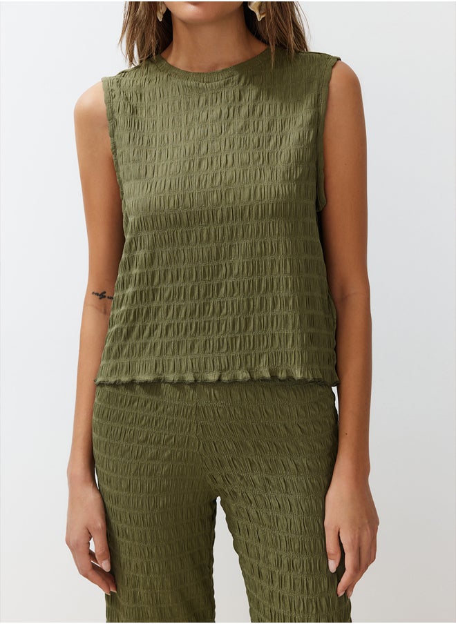 trendyol - Khaki Textured Regular/Normal Cut Zero Sleeve Flexible Knitted Blouse Trousers Bottom-Top Set TWOSS24AU00032 - Image 1