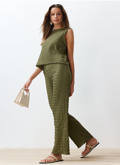 Khaki Textured Regular/Normal Cut Zero Sleeve Flexible Knitted Blouse Trousers Bottom-Top Set TWOSS24AU00032