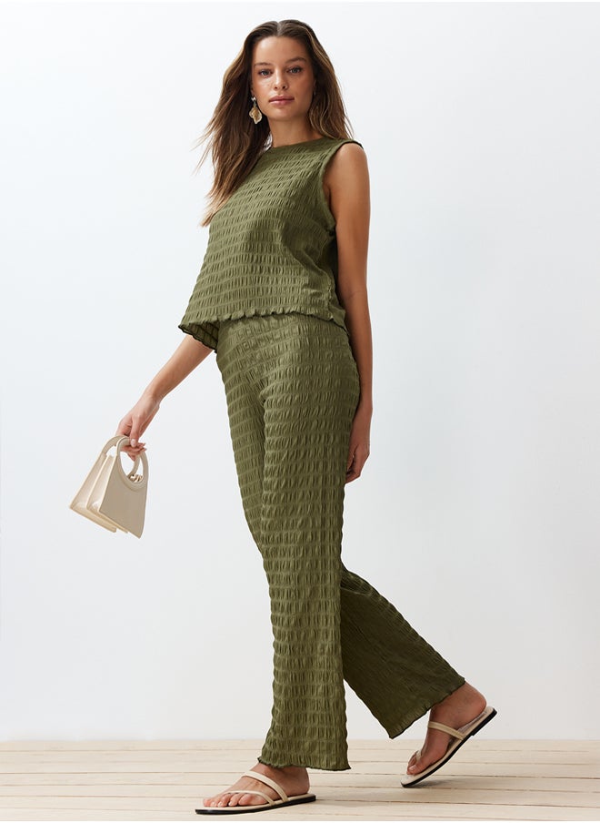 trendyol - Khaki Textured Regular/Normal Cut Zero Sleeve Flexible Knitted Blouse Trousers Bottom-Top Set TWOSS24AU00032 - Image 1