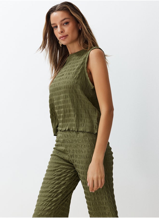 trendyol - Khaki Textured Regular/Normal Cut Zero Sleeve Flexible Knitted Blouse Trousers Bottom-Top Set TWOSS24AU00032 - Image 1