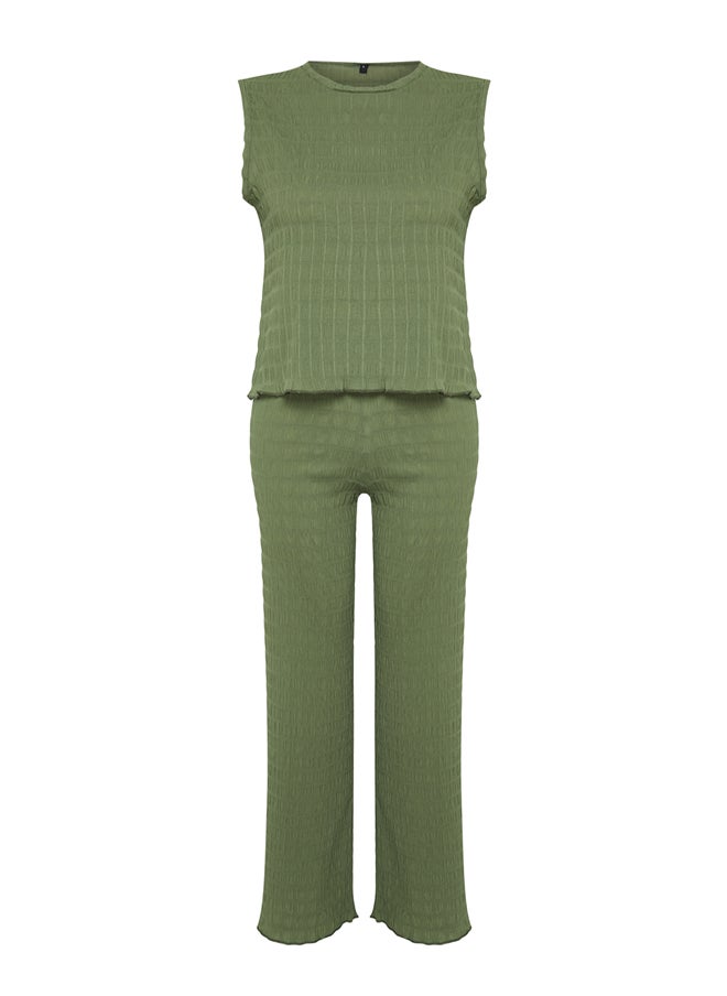 trendyol - Khaki Textured Regular/Normal Cut Zero Sleeve Flexible Knitted Blouse Trousers Bottom-Top Set TWOSS24AU00032 - Image 1