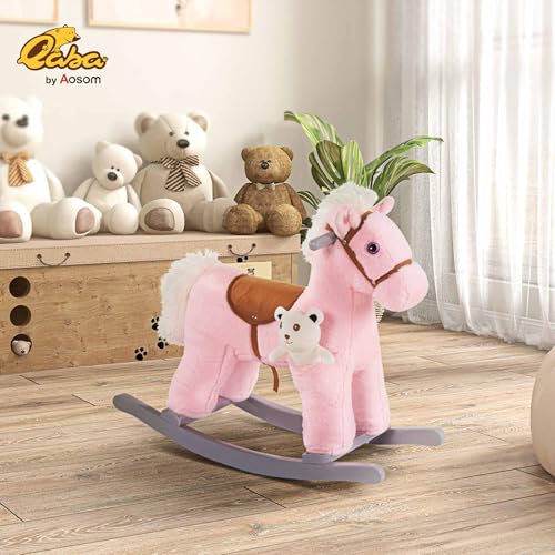 Qaba Kids Plush RideOn Rocking Horse with Bear Toy Children Chair with Soft Plush Toy Fun Realistic Sounds Pink - Image 5