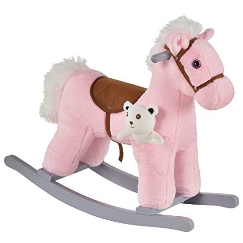Qaba Kids Plush RideOn Rocking Horse with Bear Toy Children Chair with Soft Plush Toy Fun Realistic Sounds Pink - Image 1