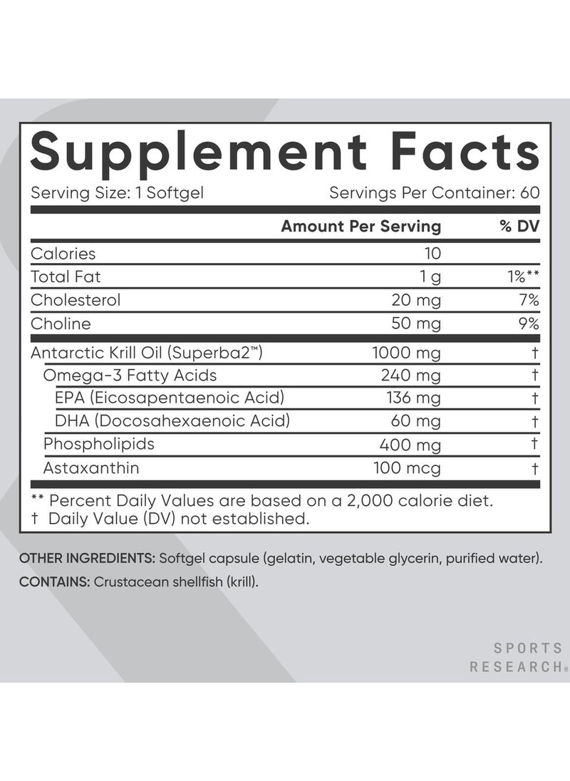 SPORTS RESEARCH - Sports Research Krill Oil Supplement with EPA & DHA Omega 3, Phospholipids & Astaxanthin from Antarctic Krill - Highest Concentration of Krill Oil for Men & Women - 1000mg, 60 Softgel Capsules - Image 1