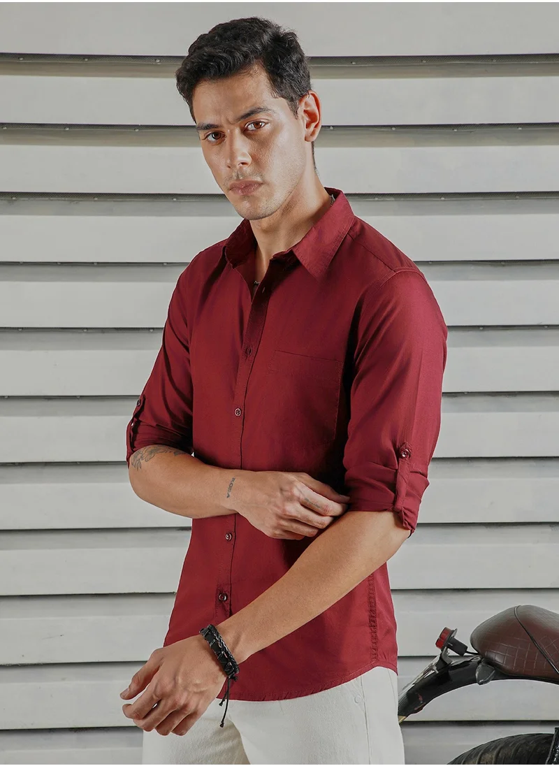 هاي ستار Classic Spread Collar Roll-Up Sleeves Cotton Casual Shirt for Men