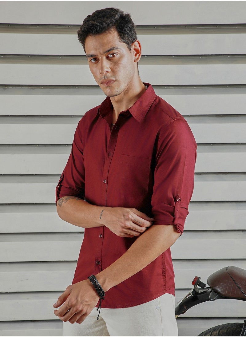 HIGH STAR Classic Spread Collar Roll-Up Sleeves Cotton Casual Shirt for Men  - Image 2
