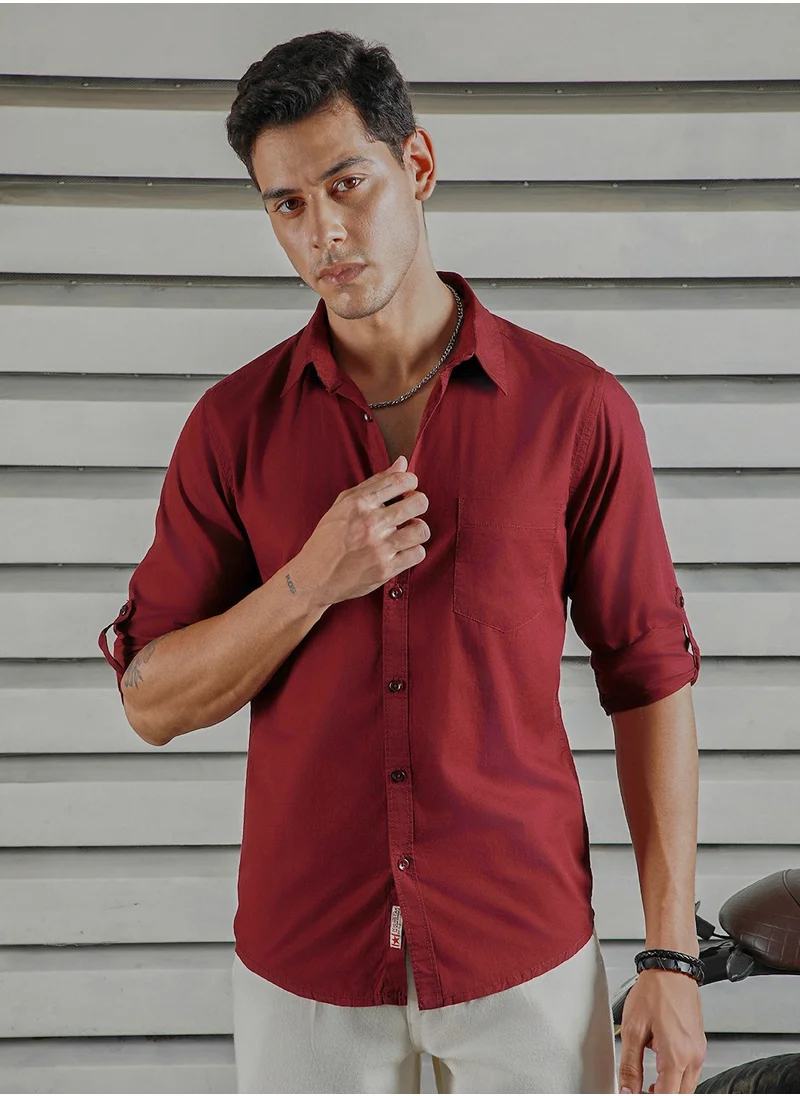 هاي ستار Classic Spread Collar Roll-Up Sleeves Cotton Casual Shirt for Men