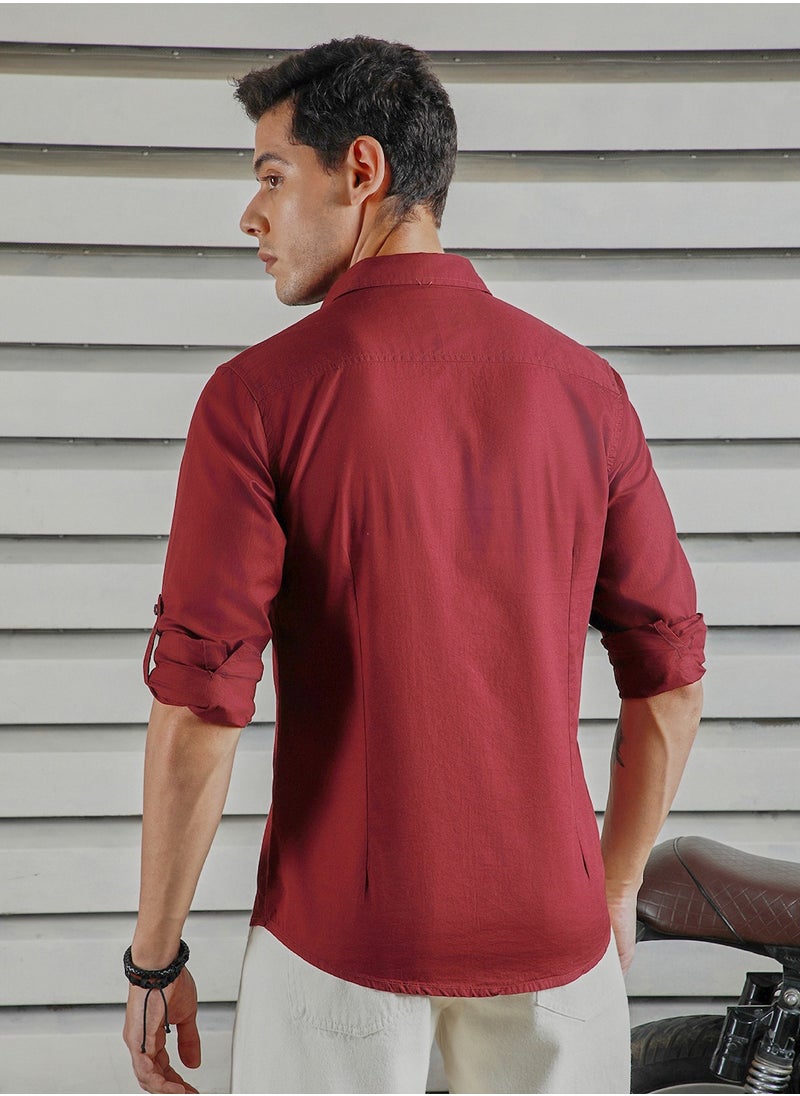 HIGH STAR Classic Spread Collar Roll-Up Sleeves Cotton Casual Shirt for Men  - Image 3