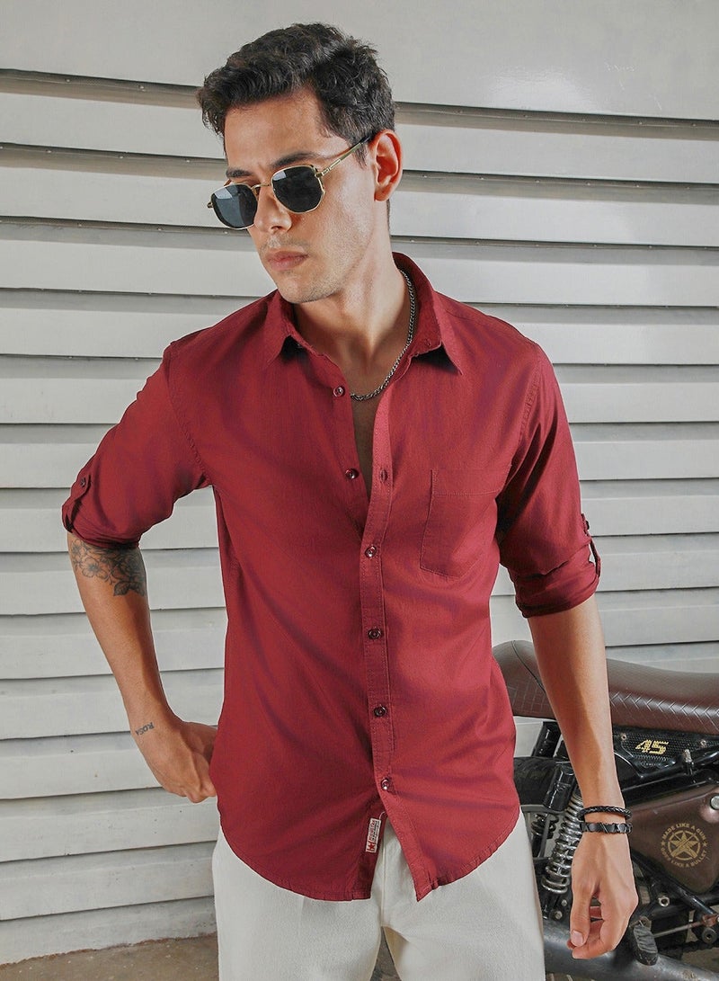 HIGH STAR Classic Spread Collar Roll-Up Sleeves Cotton Casual Shirt for Men - Image 5