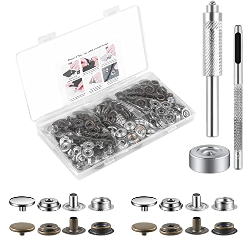 Moocci 200 Pcs (50 Sets) Leather Snap Fastener Kit Tool 5/8 inches (15mm) Snaps for Leather Press Studs Stainless Snap Buttons for Bag, Jeans, Clothes, Fabric (Silver+Bronze) - Image 1