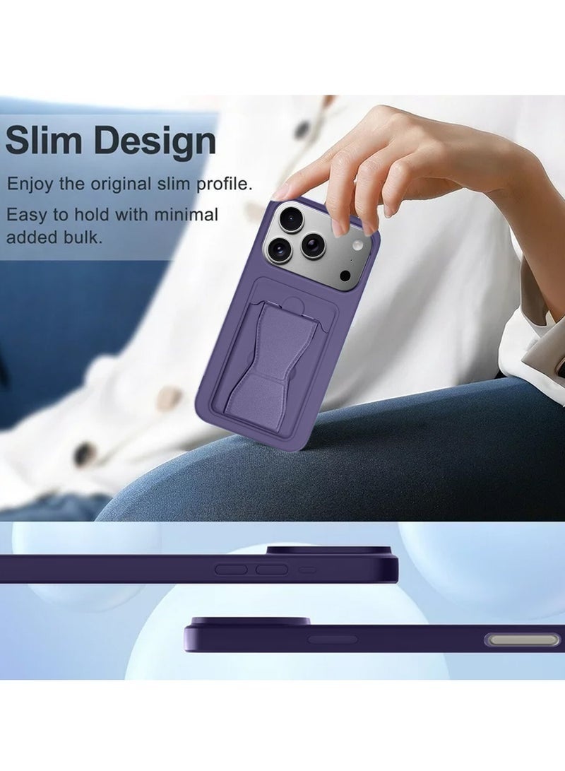 YJS iPhone 17 Pro 5G 2025 Silicone TPU Case with Card Holder & Hand Grip | Slim Shockproof Wallet Cover with Kickstand Stand & Secure Grip Strap (MCHPSN) - Eggplant Purple - Image 3