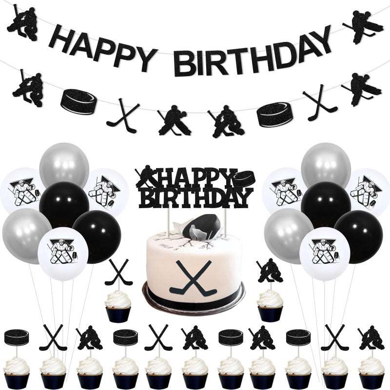 Balterever Ice Hockey Birthday Decorations for Boys Hockey Birthday Party Supplies with Ice Hockey Happy Birthday Banner Cupcake Cake Toppers Hockey Garland for Sports Birthday Party Supplies - Image 1