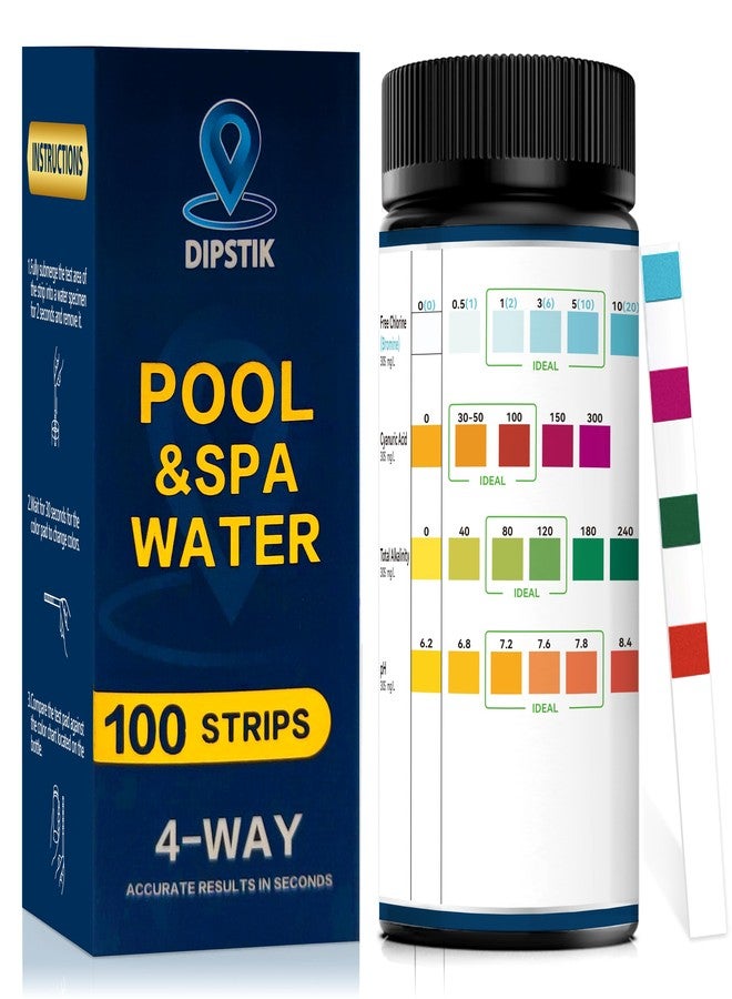 DIPSTIK Pool Test Strips,100 Strips Pool and Hot Tub Test Strips, Swimming Pool Test Strips for Total Alkalinity, pH, Free Chlorine(Bromine),Cyanuric Acid-Pool Spa Water Test -Quick and Accurate Results - Image 1