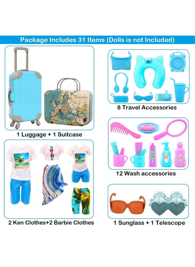 Miunana 29Pcs Doll Travel Clothes And Accessories Blue Trunk Suitcase 2 Girl Doll Clothes 1 Boy Doll Clothes 8 Life Accessories 12 Wash Accessories Telescope Sunglasses （Not Include Doll）  - Image 3