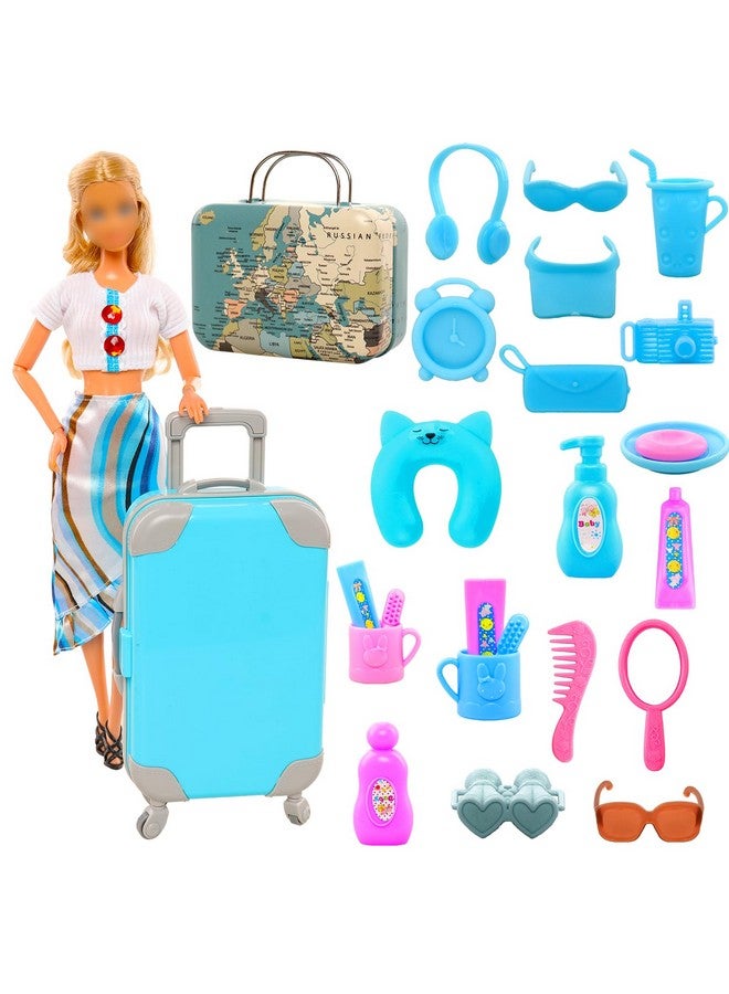 Miunana 29Pcs Doll Travel Clothes And Accessories Blue Trunk Suitcase 2 Girl Doll Clothes 1 Boy Doll Clothes 8 Life Accessories 12 Wash Accessories Telescope Sunglasses （Not Include Doll）  - Image 2
