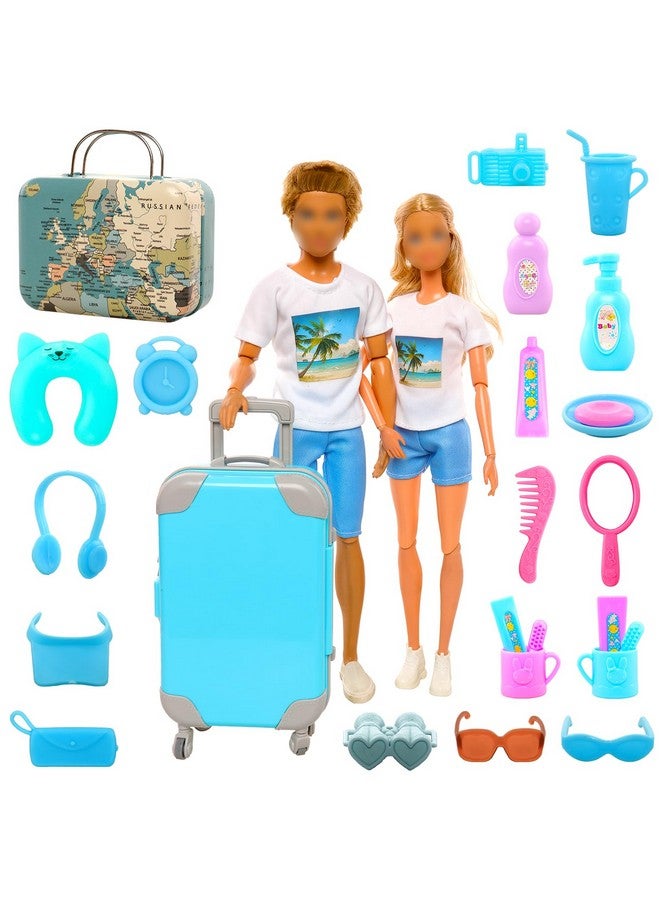 Miunana 29Pcs Doll Travel Clothes And Accessories Blue Trunk Suitcase 2 Girl Doll Clothes 1 Boy Doll Clothes 8 Life Accessories 12 Wash Accessories Telescope Sunglasses （Not Include Doll）  - Image 1