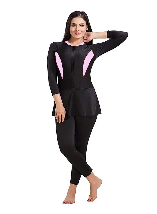Denique Women’s Swimwear Costume,Full Body Cover One Piece Swimming Two Way Stretchable Polyester Suit,Frock Style Front Zipper. Size 28 to 32 Black - Image 1