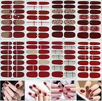 Mwoot Nail Stickers 8 Sheets Nail Polish Stickers Strips Red color Shine Full Wraps Nail Art Adhesive DecalsNail Art Designs for Women Girls - Image 1