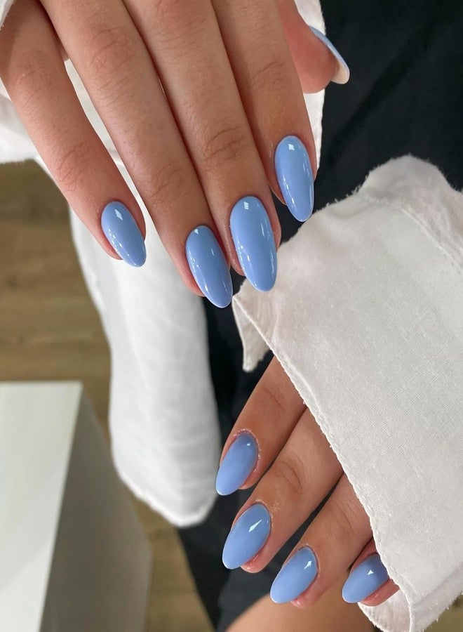 XCREANDO Blue Press on Nails Short Oval Fake Nails Press ons, Thick Solid Color Glue on Nails Short False Nails, Short Almond Nails Oval Round Shaped Nails for Women, 24Pcs Natural Acrylic Gel Nails - Image 1
