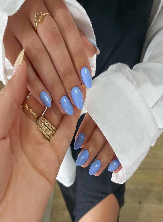 XCREANDO Blue Press on Nails Short Oval Fake Nails Press ons, Thick Solid Color Glue on Nails Short False Nails, Short Almond Nails Oval Round Shaped Nails for Women, 24Pcs Natural Acrylic Gel Nails - Image 2