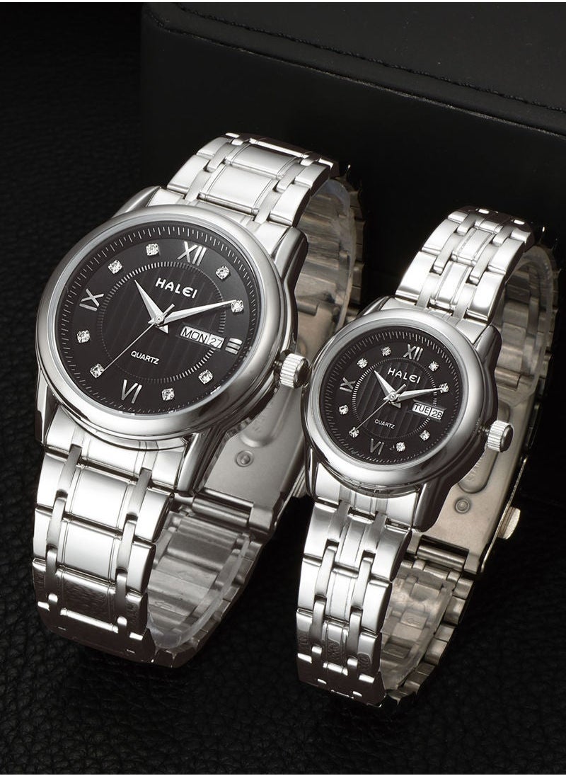 HALEI Luxury 2-Piece Couple Watches Silver Tone Stainless Steel Quartz Calendar Wristwatch Rhinestone His and Her Watch Set - pzsku/ZF13E678B3CBD9FB2CE50Z/45/_/1739510549/413ecd18-0686-446d-9335-0da5606b57ba