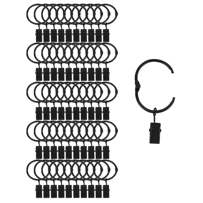 Suneration 50 Pack Openable Curtain Rings with Clips Metal Hangers Ring 122 inch Interior Diameter Rust Proof for Heavy Duty Vintage Decorative Drapery Eyelet Curtain Rods Black