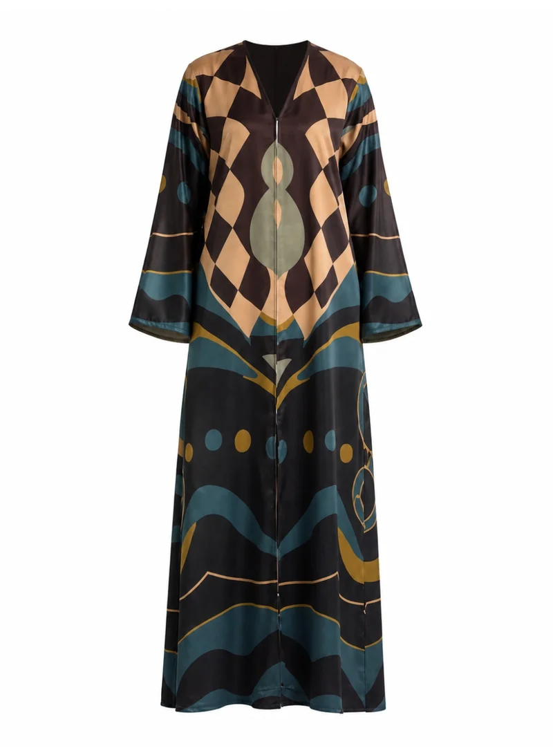 Amnad International Women's Luxury Printed Satin Silk Abaya with Matching Hijab - Open & Closed Style Maxi Kaftan for Special Occasions, Sizes 52-60 inches