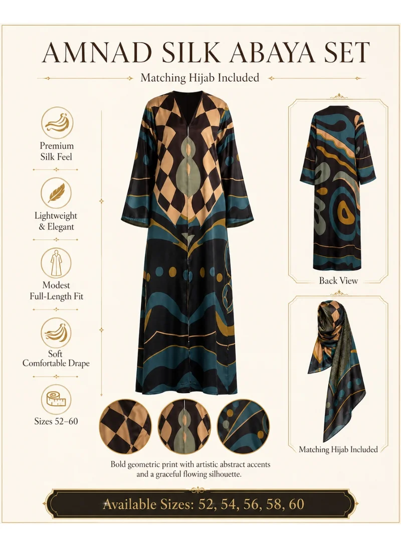 Amnad International  Women's Luxury Printed Satin Silk Abaya with Matching Hijab - Open & Closed Style Maxi Kaftan for Special Occasions, Sizes 52-60 inches for Women | Best Price UAE