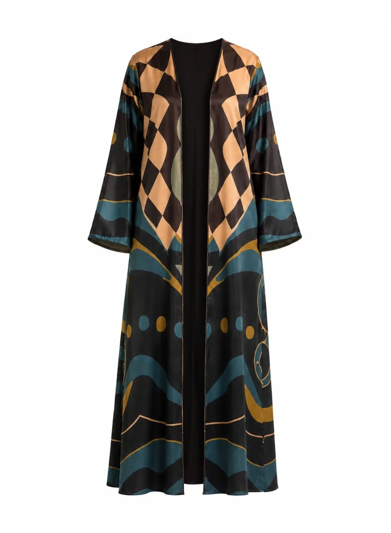 Amnad International Women's Luxury Printed Satin Silk Abaya with Matching Hijab - Open & Closed Style Maxi Kaftan for Special Occasions, Sizes 52-60 inches