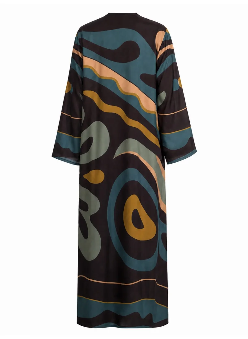 Amnad International  Women's Luxury Printed Satin Silk Abaya with Matching Hijab - Open & Closed Style Maxi Kaftan for Special Occasions, Sizes 52-60 inches for Women | Best Price UAE