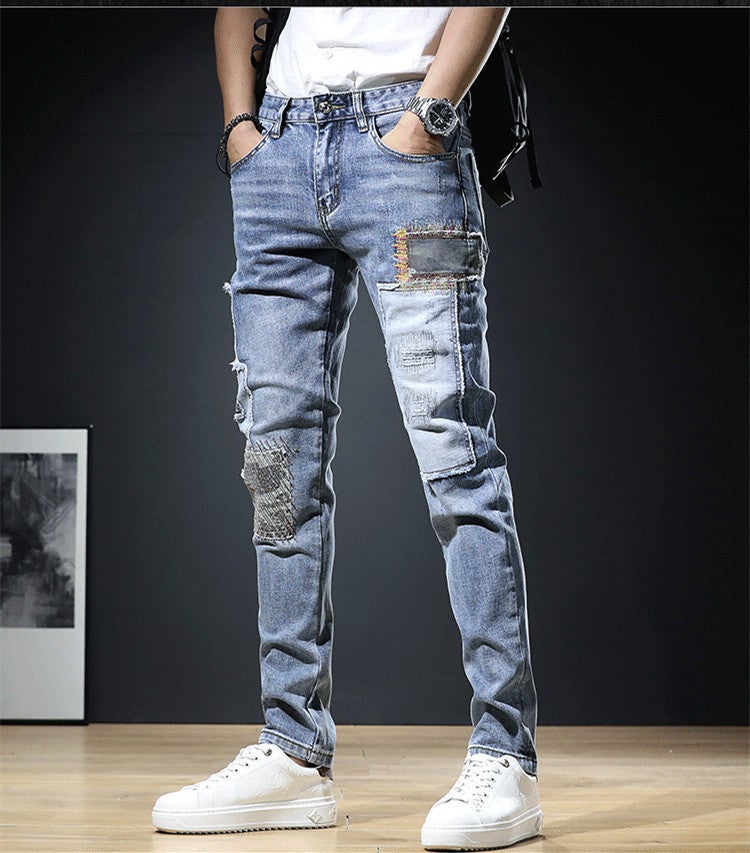 Patch Ripped Jeans Men'S Korean Style Stitching Ankle-Length Pants New Fashion Brand Casual All-Match Skinny Pants - Image 4