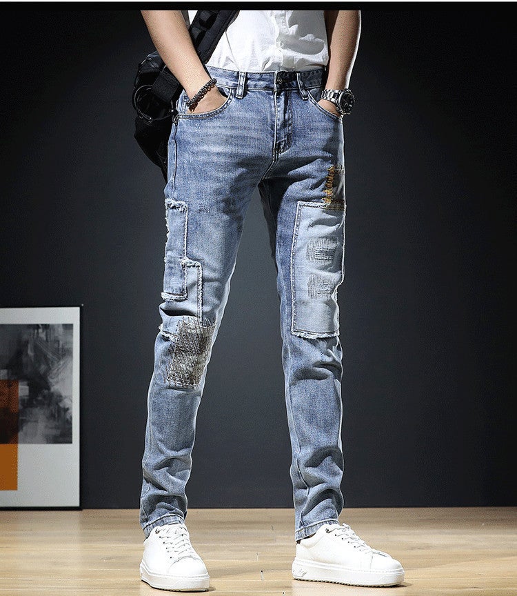 Patch Ripped Jeans Men'S Korean Style Stitching Ankle-Length Pants New Fashion Brand Casual All-Match Skinny Pants - Image 5