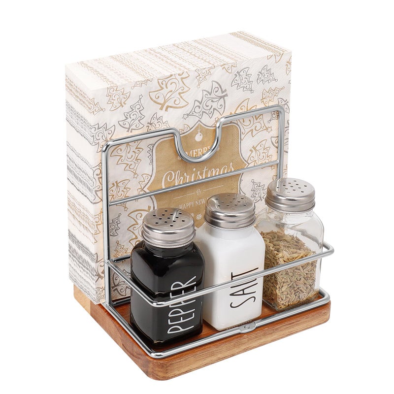 Livabber Napkin Holder  Metal Napkin Storage With Salt And Pepper Shakers Caddy Modern Napkin Dispenser For Table Kitchen Countertop  Not Including Salt And Pepper Shakers (Middle Wooden  Chrome) - Image 1