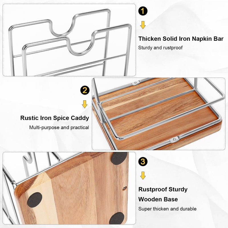 Livabber Napkin Holder  Metal Napkin Storage With Salt And Pepper Shakers Caddy Modern Napkin Dispenser For Table Kitchen Countertop  Not Including Salt And Pepper Shakers (Middle Wooden  Chrome) - Image 3