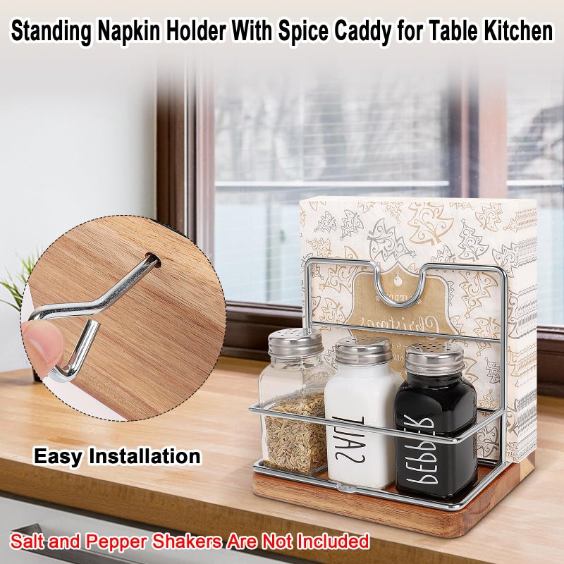 Livabber Napkin Holder  Metal Napkin Storage With Salt And Pepper Shakers Caddy Modern Napkin Dispenser For Table Kitchen Countertop  Not Including Salt And Pepper Shakers (Middle Wooden  Chrome) - Image 4