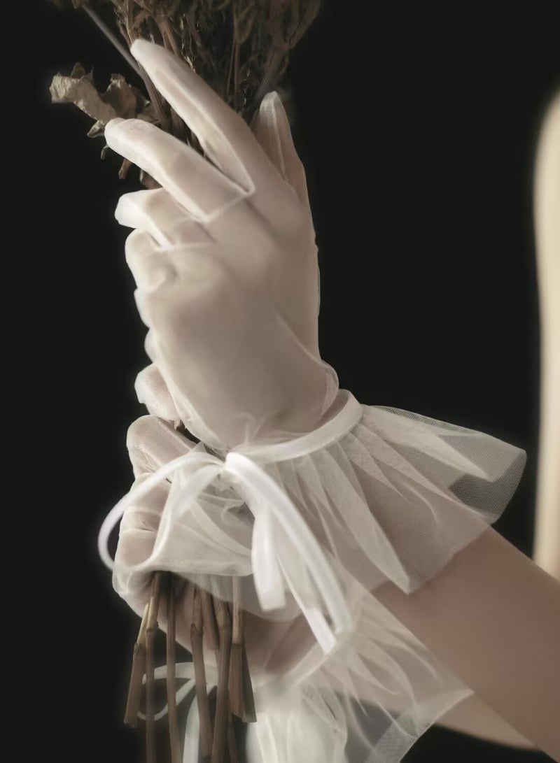 Women Gloves Ruffled Tulle Mesh Gloves Wedding Bridal Short Gloves Tea Party Mesh Gloves Wrist Length Gloves Party Dance Gloves for Wedding Opera Evening Party  - Image 2
